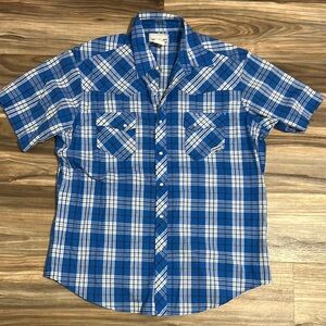 Wrangler Wrancher Pearl Snap Western Shirt Mens XL Blue Plaid Pockets